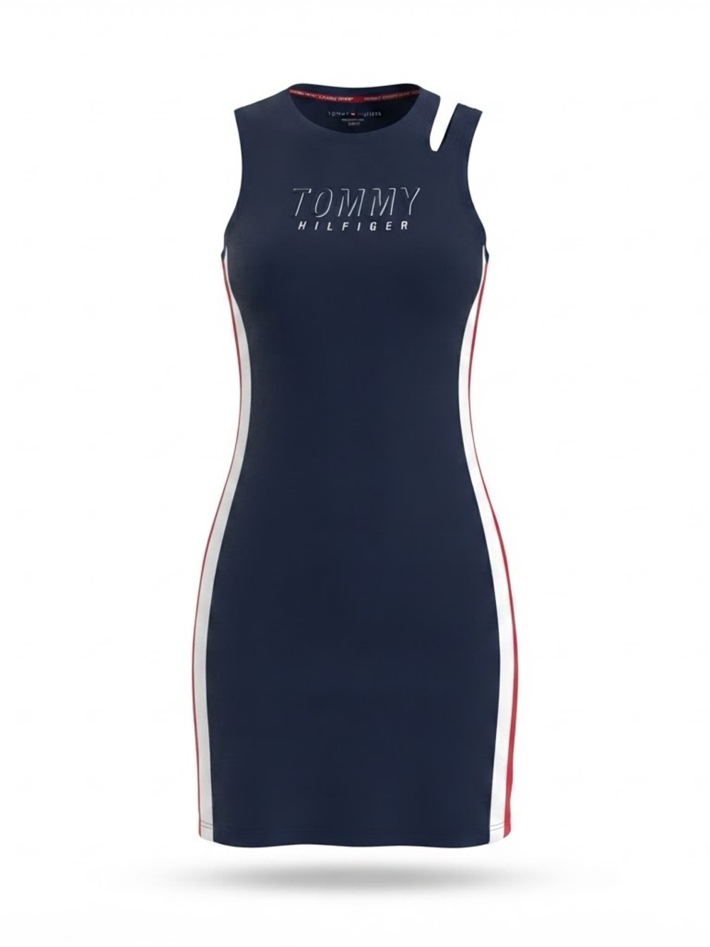 Tommy Hilfiger Navy One-Shoulder Bodycon Dress with Red & White Side Stripes